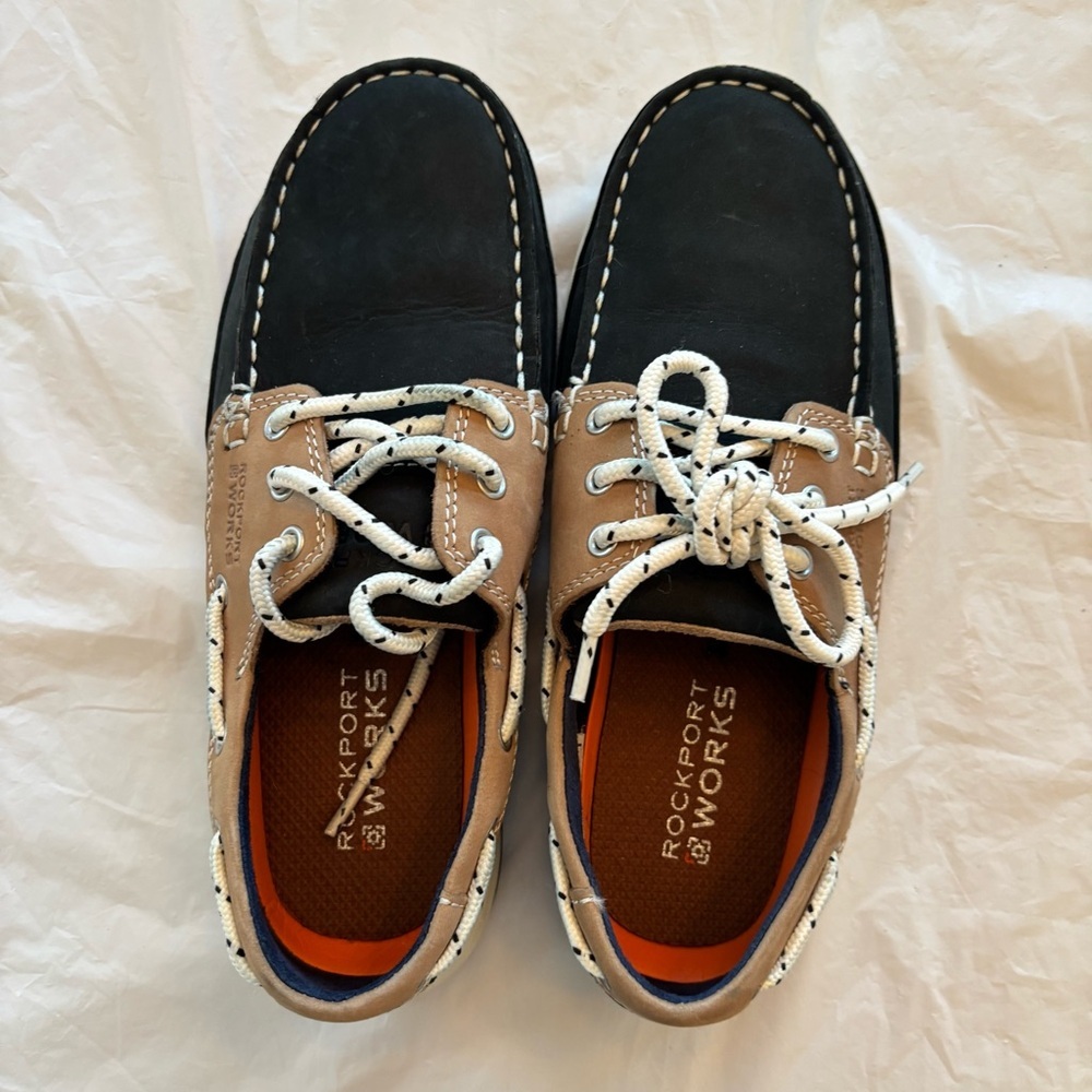 NWOT Rockport Works sailing club navy tan slip resistant SZ 7.5 Safety shoes - Picture 9 of 13